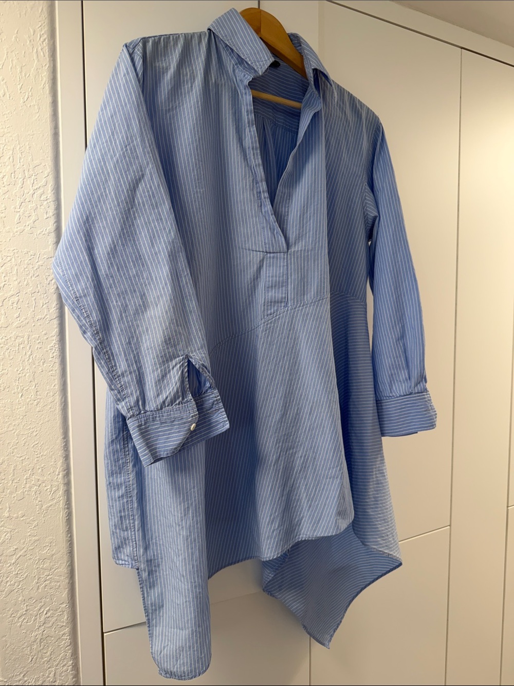 Zara Light Blue Pinstriped asymmetrical pullover blouse